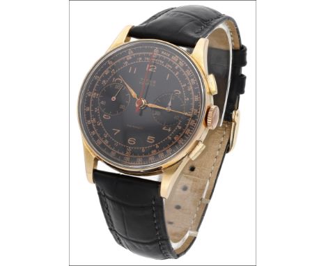 Titus, Genève. A gold chronograph wristwatch, Non Magnetic, circa 1950 Movement: manual winding, 17 jewels Dial: black, gilt 