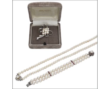 A small group of cultured pearl jewellery, comprising a Mikimoto cultured pearl brooch, of ribbon loop form centred with a cu