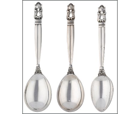 Georg Jensen: Three Danish silver ‘Acorn’ pattern spoons, designed by Johan Rohde, the first, stamped ‘GEORG JENSEN WENDEL A/