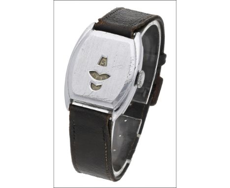 Swiss: A chromium plated tonneau-form jump hour wristwatch, circa 1930 Movement: manual winding Dial: silvered, Arabic numera