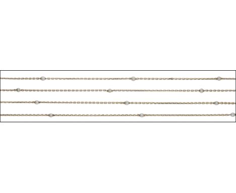 A cultured pearl set long chain necklace, composed of flattened belcher links spaced by cultured pearls to a swivel clasp, ye