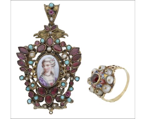 An Austro-Hungarian gem-set pendant and a pearl and garnet cluster ring, the pendant centred with an enamelled portrait of a 