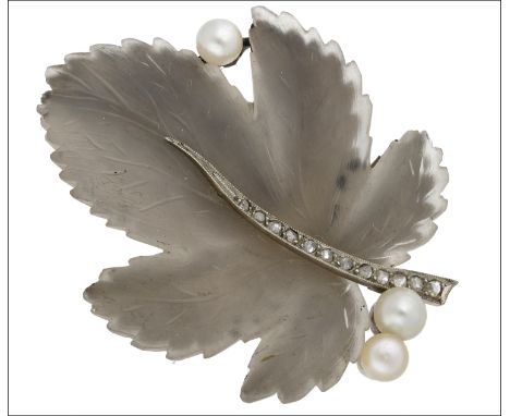 A frosted glass, diamond and cultured pearl set leaf brooch, the veined leaf with rose-cut diamond set central spine and thre