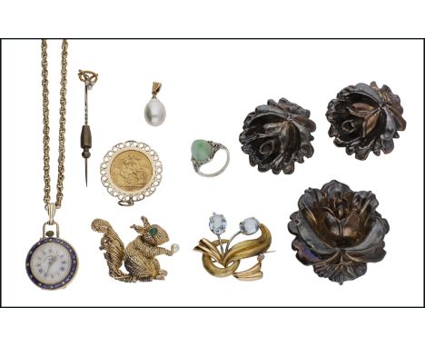 A sovereign pendant and fob watch, the Victoria sovereign, 1877, set within a scrollwork pendant mount, together with a gold 