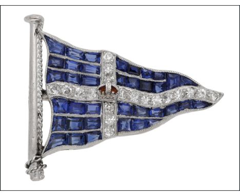 A Royal Thames Yacht Club burgee brooch, set with calibré-cut sapphires and single-cut diamonds, the crown with orange enamel