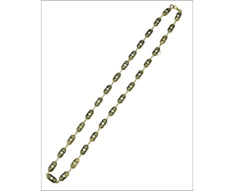 A gold and enamelled panel necklace, circa 1840, the hollow linked rectangular panels decorated to both sides with white styl