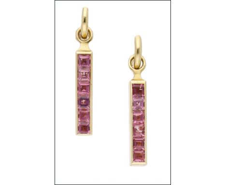 A pair of pink tourmaline ‘Strip’ ear pendants by Theo Fennell, the 18ct gold hoops suspending detachable drops channel-set w