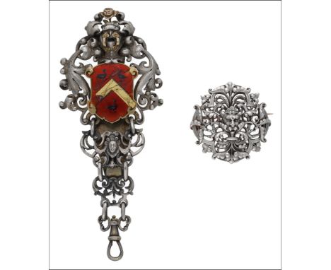 A French silver and silver gilt Revivalist chatelaine clip by Jules Wièse, second half of 19th century, centred with a red en