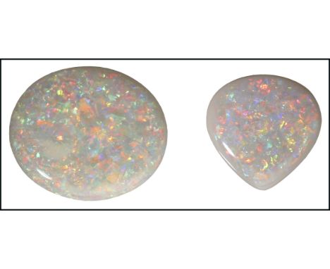 Two unmounted white opals, each stone displaying a colour play of red, pink, orange, green and blue, with even distribution, 