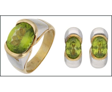 A peridot ring by Marina B and a pair of matched earrings by Boodle & Dunthorne, the bicolour gold ring tension-set with an o