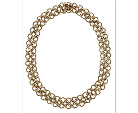 A French 18ct gold collar necklace and bracelet by Gay Frères, composed of woven inter-linked ropetwist and polished X-shaped