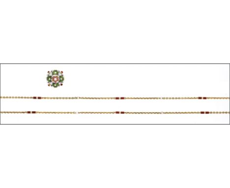 An enamel longchain and brooch/pendant, circa 1900, the gold belcher-link chain, closed, and spaced by a series of red and wh