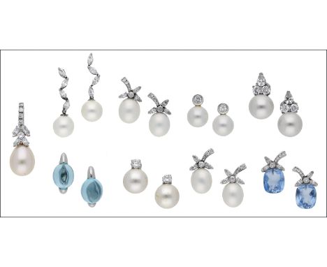 A collection of costume jewellery, comprising six pairs of simulated pearl and white stone earrings, two pairs of blue stone 