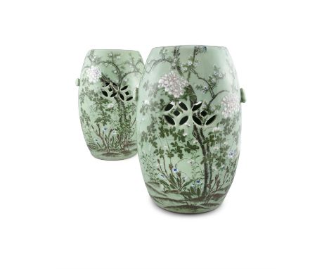 A PAIR OF SETO PORCELAIN BARREL-SHAPED GARDEN STOOLSJapan, Meiji periodOf barrel shape, with two dragon-shaped applied handle