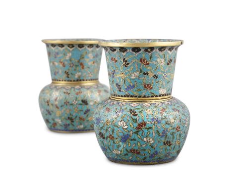 A PAIR OF ‘FLOWER SPRAY’ CLOISONNE WINE CUPS AND A WARMERS Qing Dynasty, Likely Jiaqing period  The footrim of the cup fittin