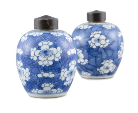 A NEAR PAIR OF SMALL ‘ICE CRACKING’ BLUE AND WHITE PORCELAIN OVOID JARSChina, Qing Dynasty, Kangxi periodBoth originally set 