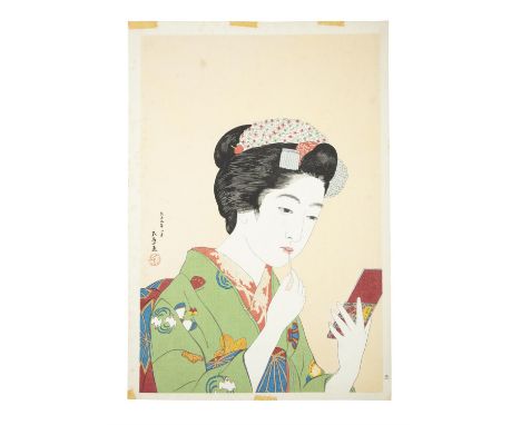 After HASHIGUCHI GOYO 橋口五葉 (Japan, 1880-1921) Applying lipstick (Kyoto maiko) Oban tata-e / woodblock print 1970s to 1980sPub