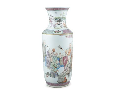 A FAMILLE ROSE PALETTE ‘EIGHTEEN LUOHANS’ PORCELAIN ROULEAU VASE, BANGCHUIPINGChina, Qing Dynasty, 18th centuryResting on a r