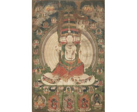 A THANGKA OF USHNISHA SITATAPATRA ALSO KNOWN AS DUKAR OR THE LADY OF THE WHITE UMBRELLA Tibeto-Chinese, 18th to 19th century 