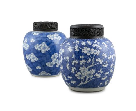 A NEAR PAIR OF 'ICE CRACKING' PATTERN BLUE AND WHITE PORCELAIN JARSChina, Qing Dynasty, Kangxi periodBoth offered at auction 