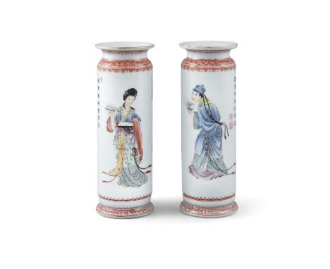 A PAIR OF MIRROR FAMILLE ROSE PALETTE ‘LADY QIU XIANG’ OR ‘TONG BOHU THREE SMILES MARRIAGE’ ROULEAU VASESChina, 20th century,