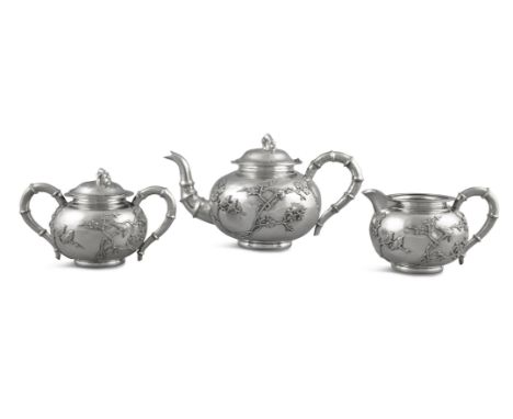 A ‘XI SHANG MEI SHAO’ CHINESE EXPORT SILVER THREE-PIECE TEA SET BY RUI HUA JIN DIAN 瑞華金店 OF TIANJINChina, Tianjin, Circa 1900