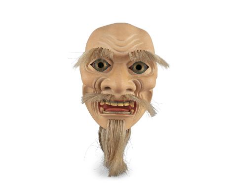 A PROBABLY KYOGEN THEATER MASK OF AN OLD MANJapan, Taisho to Showa periodA polychromed and lacquered wooden mask, with hairs 