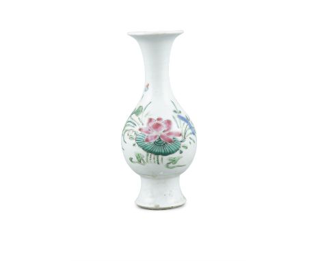 A SMALL FAMILLE ROSE PALETTE ‘LOTUS POND’ PORCELAIN VASEChina, Qing Dynasty, Yongzheng periodResting on a spread foot, with a