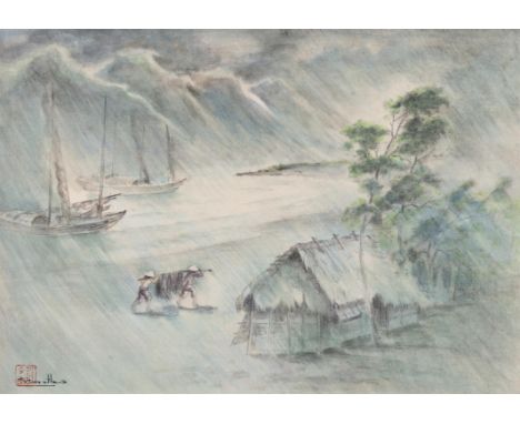 TRAN VAN THO (Vietnam, Born in 1917)Fishermen returning home with a storm / Le retour de pêche par une bourrasqueInk and colo