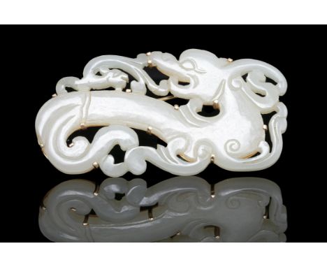 A WHITE JADE ‘HYDRA DRAGON AND PHOENIX’ PLAQUE / PENDANT / PEI MOUNTED AS A BROOCH WITH A GOLD PLAQUEThe jade: China, Qing Dy