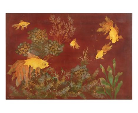 NGUYEN QUANG MAU (VIETNAM, 20TH CENTURY)Poissons rouges de l’Abondance / Goldfish of Abundance / 金玉滿堂A lacquered wooden panel