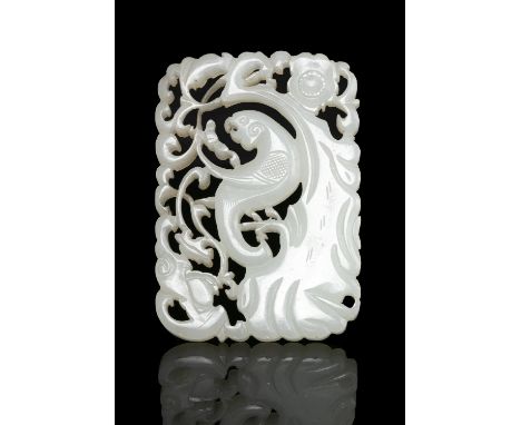 A ‘PARROT, BAT AND PLUM’ OPENWORKED JADE PLAQUE / PENDANTChina, Qing Dynasty, 19th centuryCarved identically to both sides in