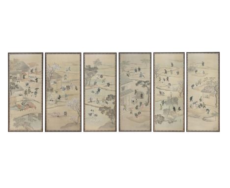 A SUITE OF SIX (6) ‘RICE CULTURE’ ORNEMENTAL PANELS MADE IN THE OSHI-E (PADDED-SILK) TECHNIQUEThe painting possibly by Sekka,