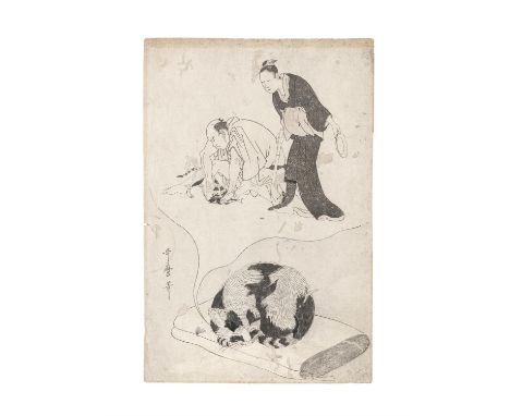 KITAGAWA UTAMARO 喜多川歌麿 (Japan, 1752-1806) Neko no yume (猫の夢) / The dream of the cat, caught by a fisherman while stealing a f