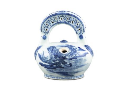 A BLEU DE HUE PORCELAIN LIME POTVietnam, Nguyen Dynasty, 19th centuryResting on a flat unglazed foot, with a globular boy and