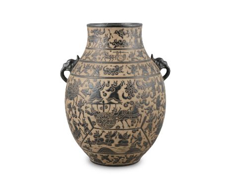 A BIEN HOA 边和 STONEWARE ‘WARRIORS’ ARCHAISTIC VESSEL, HUVietnam, Bien Hoa School of Applied Arts, Second half of 20th century