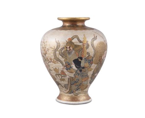 A SATSUMA EARTHENWARE ‘SHICHIFUKUJIN 七福神’ BALUSTER VASE Japan, Meiji period Richly adorned in polychromed and gilt enamels wi