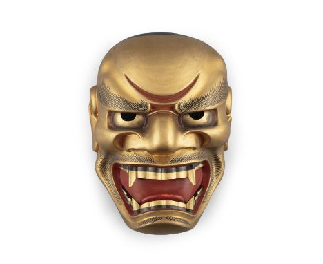 AN IMPRESSIVE NOH THEATER MASK OF SHISHIGUCHI 獅子口Japan, Taisho to Showa periodA gold lacquered wooden mask, lacquered brass e