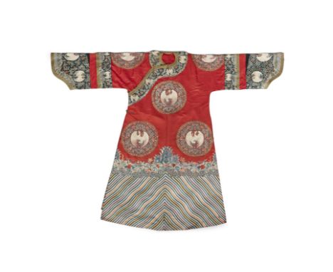 AN EMBROIDERED SILK LADY'S INFORMAL COURT ROBE China, Qing Dynasty, 19th century The robe is finely worked in red satin stitc