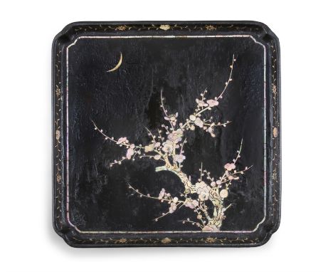 *§A LARGE SQUARE MOTHER-OF-PEARL INLAID ‘PRUNUS AND CRESCENT MOON’ TRAY China, Late Yuan to Ming DynastyThe low, rounded side