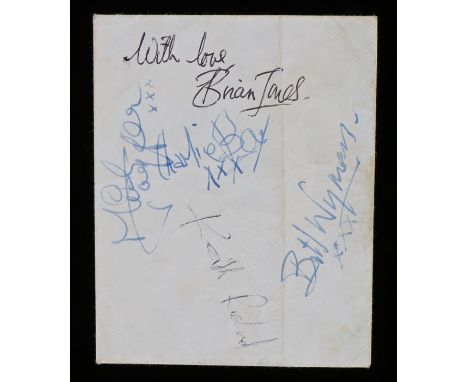 The Rolling Stones autographs, signed onto a light blue envelope Mick Jagger xxx, With love Brian Jones, Charlie Boy xxx, Kei