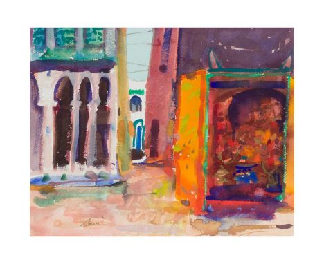§ GEORGE DEVLIN R.S.W (SCOTTISH 1937-2014) IN THE SOUKH, TUNISIA Signed lower left, watercolourDimensions:39cm x 49cm (15.25i