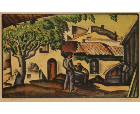 § IAIN MACNAB (BRITISH 1890-1967) THE WINE CASK C.1940 Lithograph in colours on tissue thin japan, signed and titled in penci