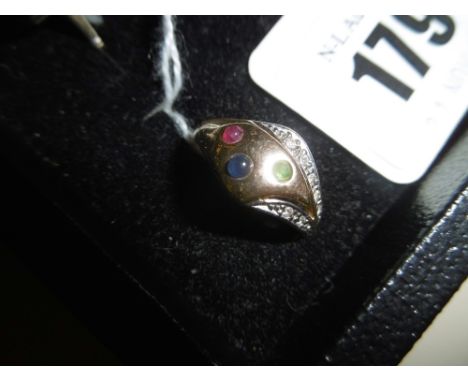 9ct GOLD DIAMOND, EMERALD, RUBY AND SAPPHIRE RING