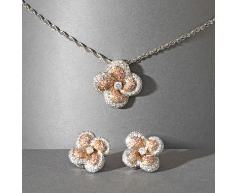 Gold Schmuckset 18 K mit BrillantenSchmuckset 18K Gold/ Brillanten, bestehend aus Anhänger mit Kette und 2 Ohrclips. Weißgold