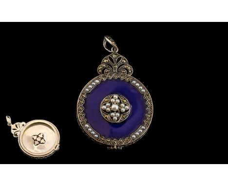 Silver Enamel &amp; Seed Pearl Pendant/Locket wonderful quality enamel pendant of large form, vibrant blue enamel decorated t