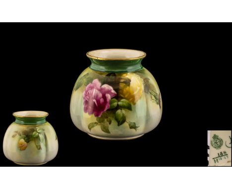 Royal Worcester James Hadley Hand Painted Porcelain Small Vase ' Roses ' Stillife. Date 1908 &amp; Shape No H158. Height 3.25