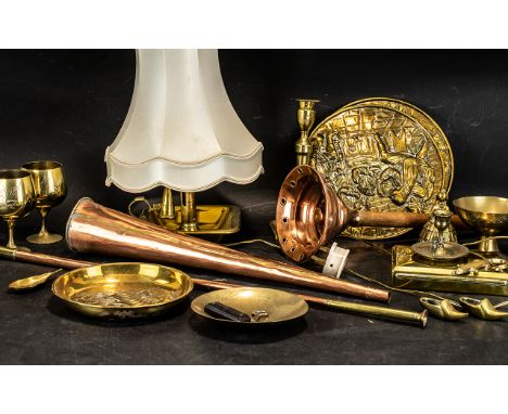 Collection of Brass and Copperware including chamber stick lamp, brass trays, candlesticks, brass oddments, brass box, copper