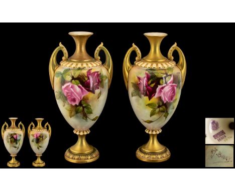 Royal Worcester Pair of Fine Quality Hand Painted and Signed Twin Handle Vases ' Roses ' Stillife. Date 1913, Signed F.J.Bray