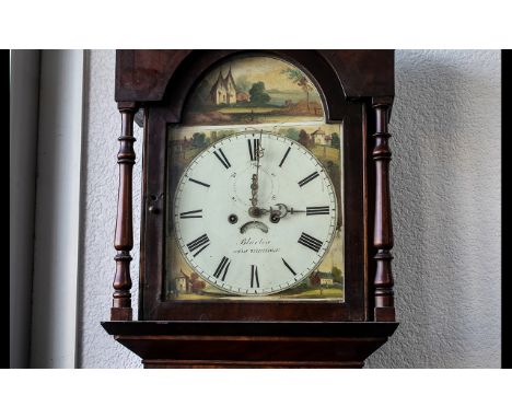 A Mid Victorian Mahogany Cased Grandfather Clock, with a painted arch dial with 8 day movement.  Maker's name to dial Blurdne